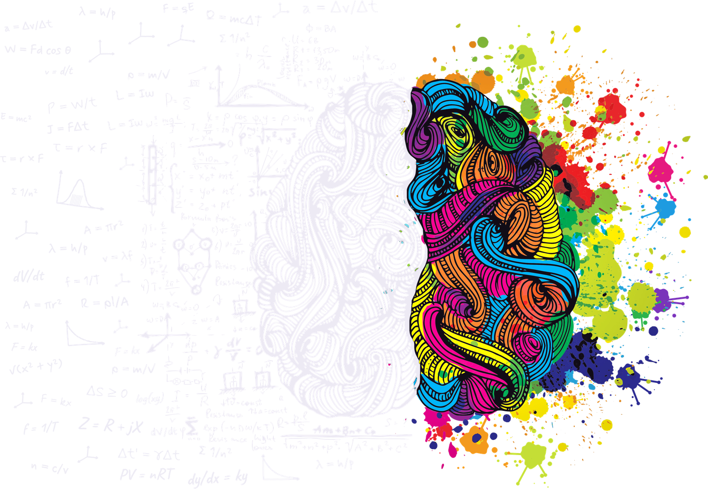 Illustration of the brain: the left half drawn in white line-work surrounded by formulae, the right half in vivid colour with paint splashes.